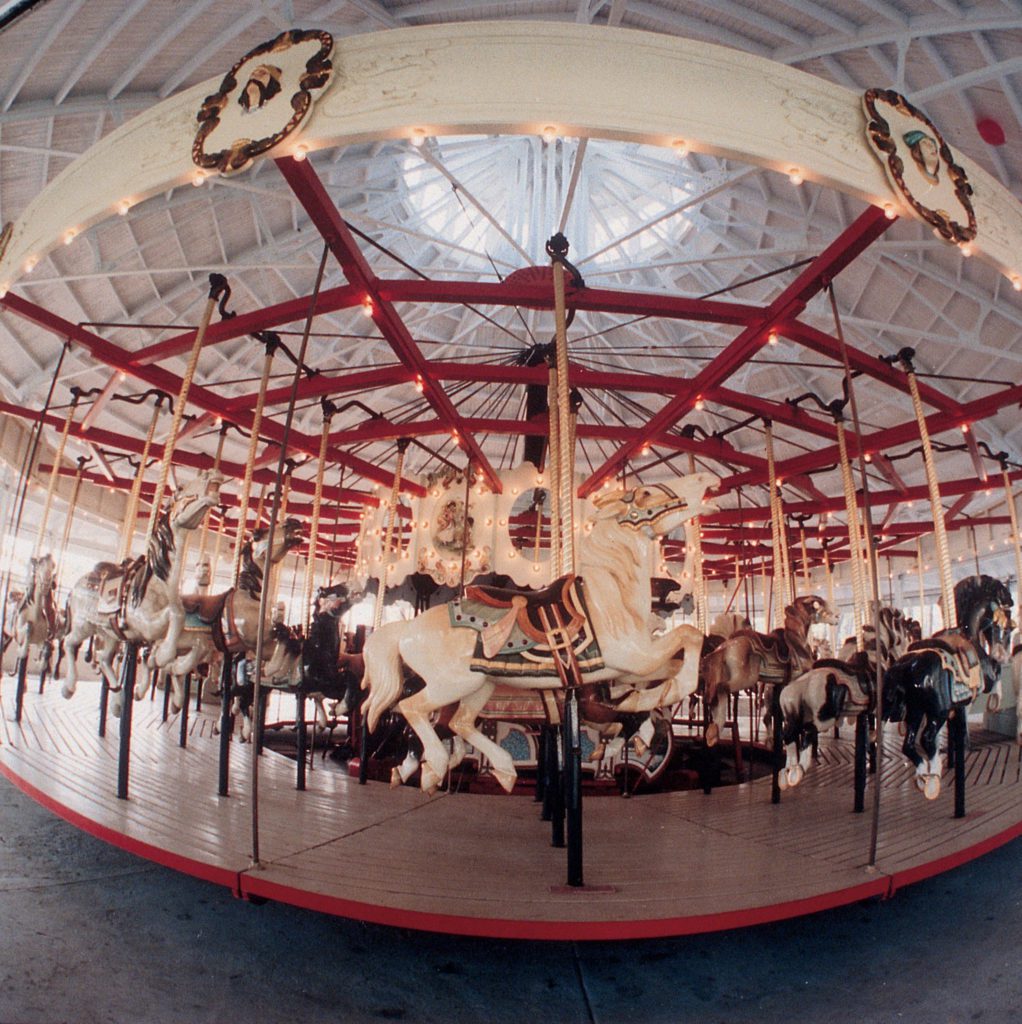 Fisheye view of a carousel.