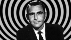 Close up portrait of Rod Serling in front  of Twighlight Zone graphic